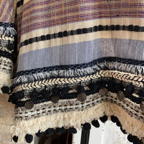 Zara boho kimono open front cardigan gray blue  multi colored pom poms fringe - Picture 9 of 15